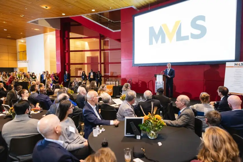 The Attorney General of Maryland addresses a crowd of attendees at the 2023 MVLS Celebrate Pro Bono event.